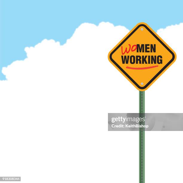 women working sign, social issues, businesswoman background - men at work sign stock illustrations