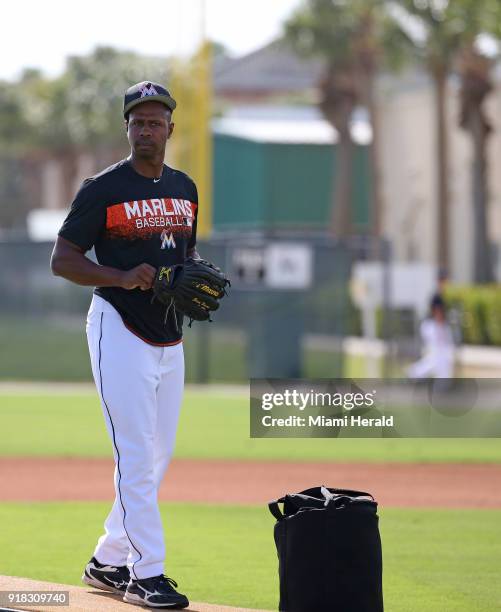 Former Miami Marlins Juan Pierre looks on during the spring training baseball workouts for pitchers and catchers on Wednesday, February 14, 2018 at...