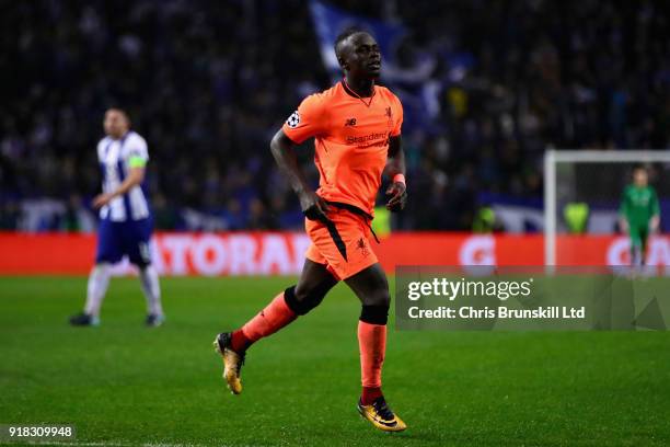 Sadio Mane of Liverpool celebrates after scoring his sides fifth goal during the UEFA Champions League Round of 16 First Leg match between FC Porto...