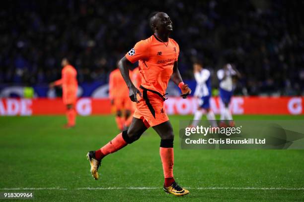 Sadio Mane of Liverpool celebrates after scoring his sides fifth goal during the UEFA Champions League Round of 16 First Leg match between FC Porto...