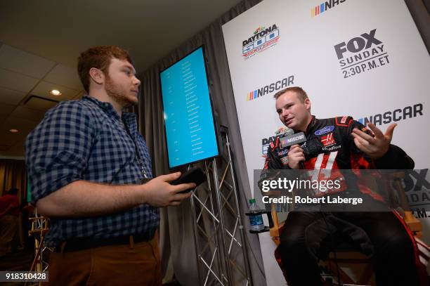 Xfinity Series driver, Cole Custer, speaks with the media during the Daytona 500 Media Day at Daytona International Speedway on February 14, 2018 in...