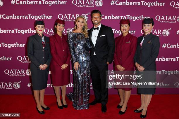 Anna Heinrich and Tim Robards arrive at the Qatar Airways Canberra Launch gala dinner on February 13, 2018 in Canberra, Australia.