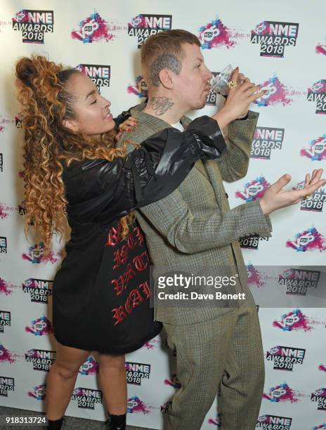Ella Eyre and Professor Green in the winners room during the VO5 NME Awards held at Brixton Academy on February 14, 2018 in London, England.