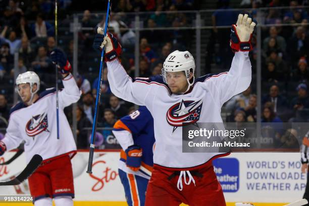 Josh Anderson of the Columbus Blue Jackets celebrates a goal by teammate Oliver Bjorkstrand against the New York Islanders during the second period...