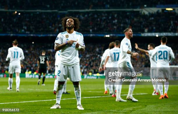 Marcelo of Real Madrid celebrates scoring the 3rd Real Madrid goal during the UEFA Champions League Round of 16 First Leg match between Real Madrid...