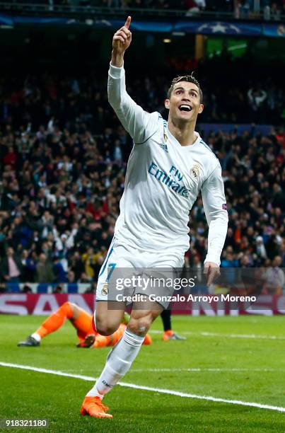 Cristiano Ronaldo of Real Madrid celebrates scoring the 2nd Real Madrid goal during the UEFA Champions League Round of 16 First Leg match between...