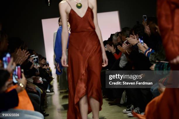 Model walks the runway during the Esteban Cortazar Fall 2018 Runway Show at Spring Studios on February 14, 2018 in New York City.