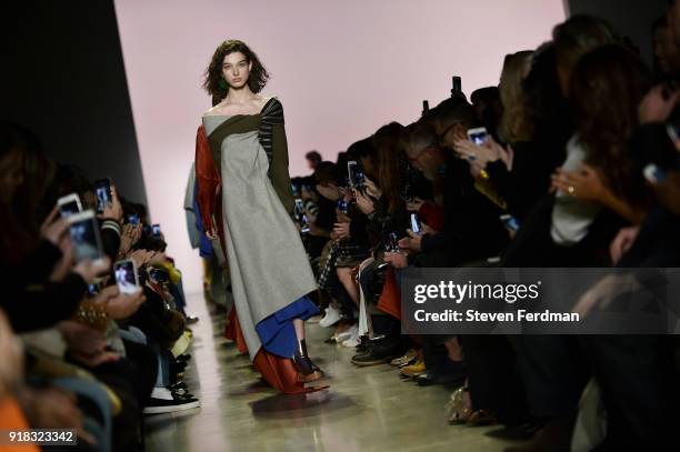 Model walks the runway during the Esteban Cortazar Fall 2018 Runway Show at Spring Studios on February 14, 2018 in New York City.