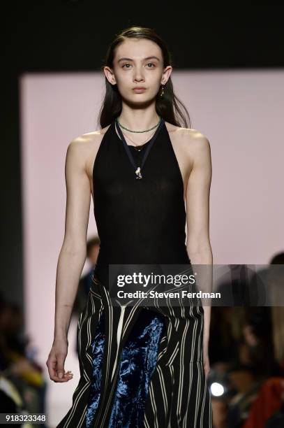 Model walks the runway during the Esteban Cortazar Fall 2018 Runway Show at Spring Studios on February 14, 2018 in New York City.