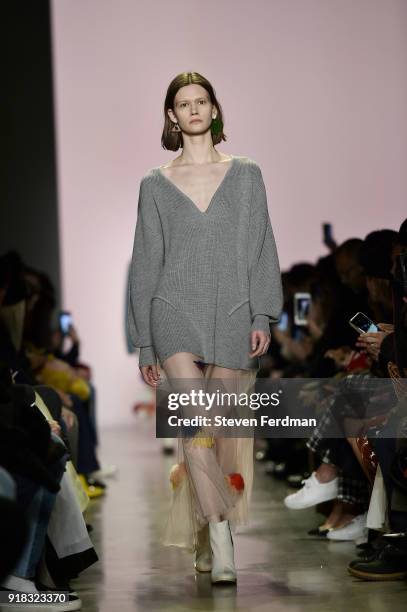 Model walks the runway during the Esteban Cortazar Fall 2018 Runway Show at Spring Studios on February 14, 2018 in New York City.