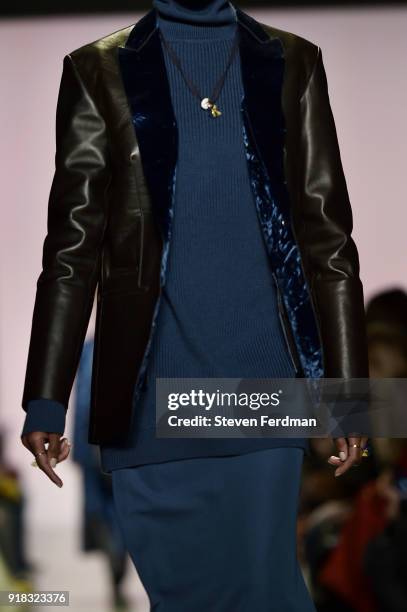 Model walks the runway during the Esteban Cortazar Fall 2018 Runway Show at Spring Studios on February 14, 2018 in New York City.