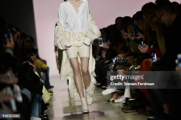 Model walks the runway during the Esteban Cortazar Fall 2018 Runway Show at Spring Studios on February 14, 2018 in New York City.