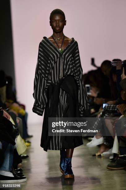 Model walks the runway during the Esteban Cortazar Fall 2018 Runway Show at Spring Studios on February 14, 2018 in New York City.