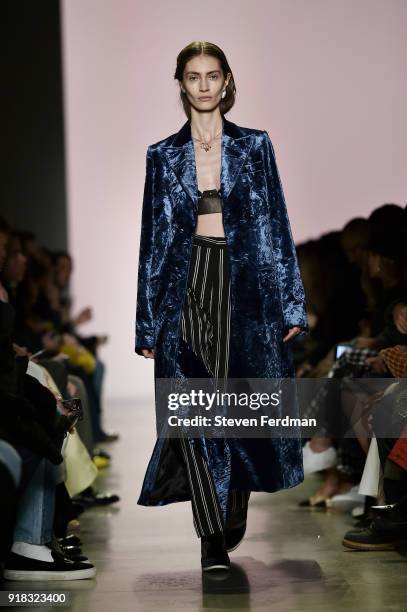 Model walks the runway during the Esteban Cortazar Fall 2018 Runway Show at Spring Studios on February 14, 2018 in New York City.