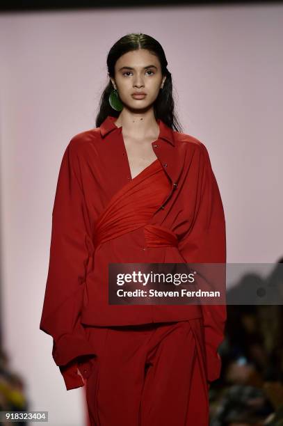 Model walks the runway during the Esteban Cortazar Fall 2018 Runway Show at Spring Studios on February 14, 2018 in New York City.