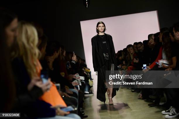 Model walks the runway during the Esteban Cortazar Fall 2018 Runway Show at Spring Studios on February 14, 2018 in New York City.