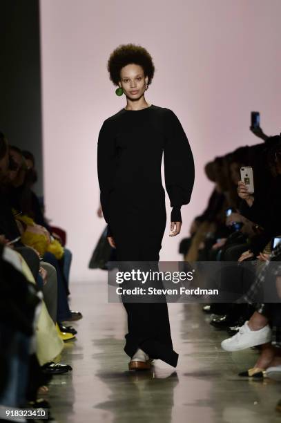 Model walks the runway during the Esteban Cortazar Fall 2018 Runway Show at Spring Studios on February 14, 2018 in New York City.