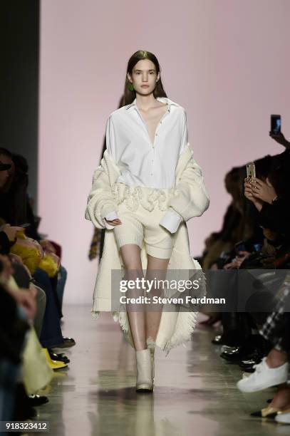 Model walks the runway during the Esteban Cortazar Fall 2018 Runway Show at Spring Studios on February 14, 2018 in New York City.