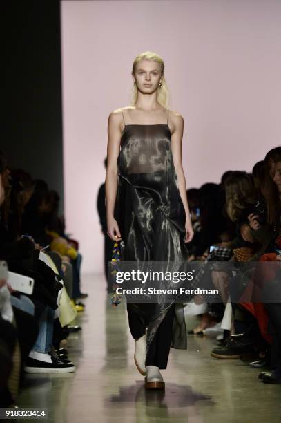 Model walks the runway during the Esteban Cortazar Fall 2018 Runway Show at Spring Studios on February 14, 2018 in New York City.