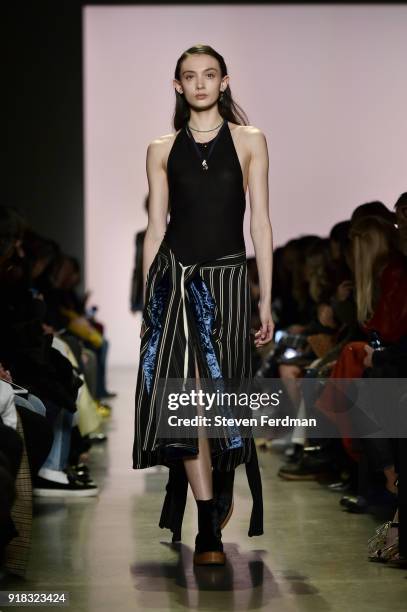 Model walks the runway during the Esteban Cortazar Fall 2018 Runway Show at Spring Studios on February 14, 2018 in New York City.