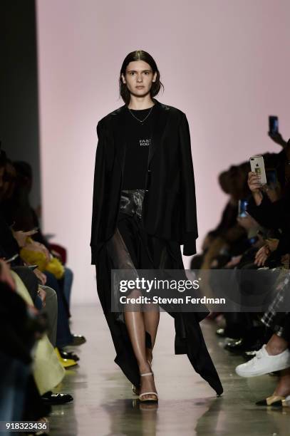 Model walks the runway during the Esteban Cortazar Fall 2018 Runway Show at Spring Studios on February 14, 2018 in New York City.