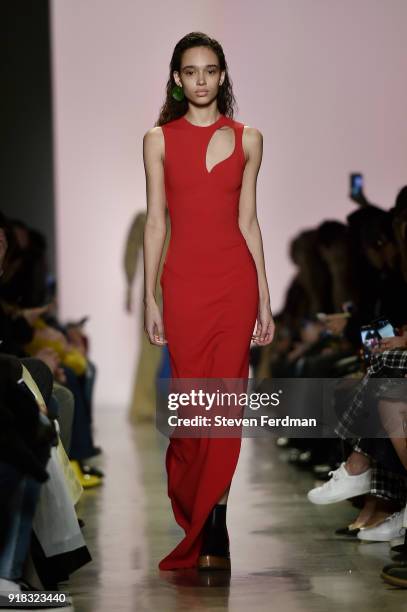 Model walks the runway during the Esteban Cortazar Fall 2018 Runway Show at Spring Studios on February 14, 2018 in New York City.