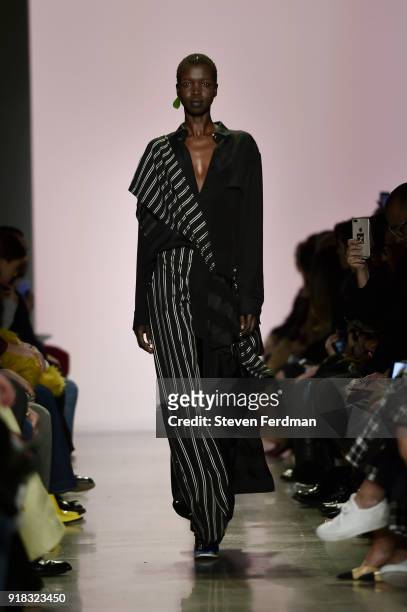 Model walks the runway during the Esteban Cortazar Fall 2018 Runway Show at Spring Studios on February 14, 2018 in New York City.