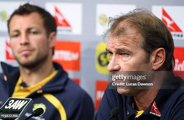 Australian Socceroos coach Pim Verbeek talks to the media during an Australian Socceroos press conference at Etihad Stadium on October 13, 2009 in...