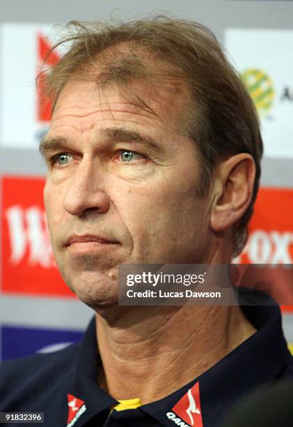 Australian Socceroos coach Pim Verbeek talks to the media during an Australian Socceroos press conference at Etihad Stadium on October 13, 2009 in...