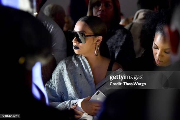 LaLa Anthony attends the Esteban Cortazar front row during New York Fashion Week: The Shows at Gallery I at Spring Studios on February 14, 2018 in...