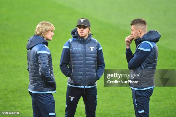 Dusan Basta, Gabaron Gil Patric, Luca Crecco of SS Lazio during an SS Lazio walk around on February 14, 2018 in Bucharest, Romania.