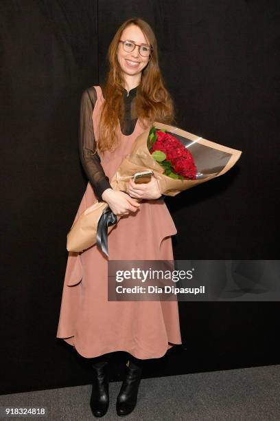 Leanne Marshall pose backstage for Leanne Marshall during New York Fashion Week: The Shows at Gallery II at Spring Studios on February 14, 2018 in...