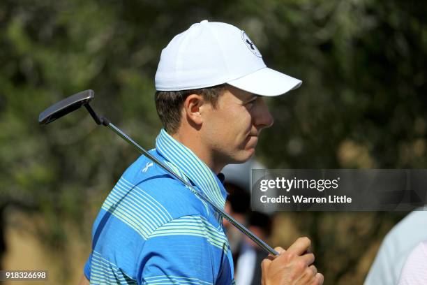 Jordan Spieth comeptes during the Pro-Am of the Genesis Open at the Riviera Country Club on February 14, 2018 in Pacific Palisades, California.