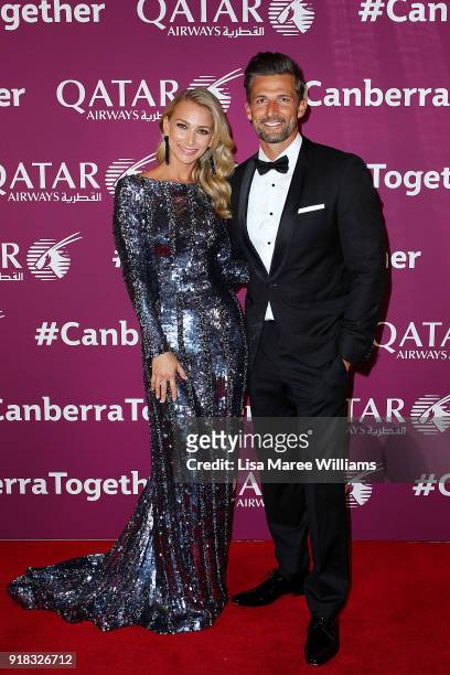 Anna Heinrich and Tim Robards arrive at the Qatar Airways Canberra Launch gala dinner on February 13, 2018 in Canberra, Australia.