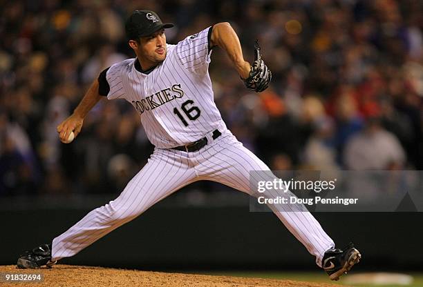 Huston Street of the Colorado Rockies pitches against the Philadelphia Phillies in the ninth inning in Game Four of the NLDS during the 2009 MLB...