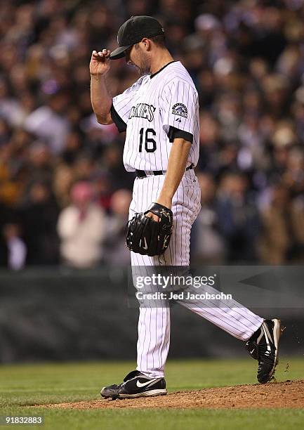 Huston Street of the Colorado Rockies looks on in the ninth inning against the Philadelphia Phillies in Game Four of the NLDS during the 2009 MLB...