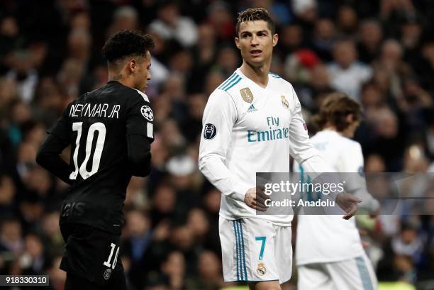 Cristiano Ronaldo of Real Madrid and Neymar Jr. Of Paris Saint-Germain are seen during the UEFA Champions League Round of 16 football match between...