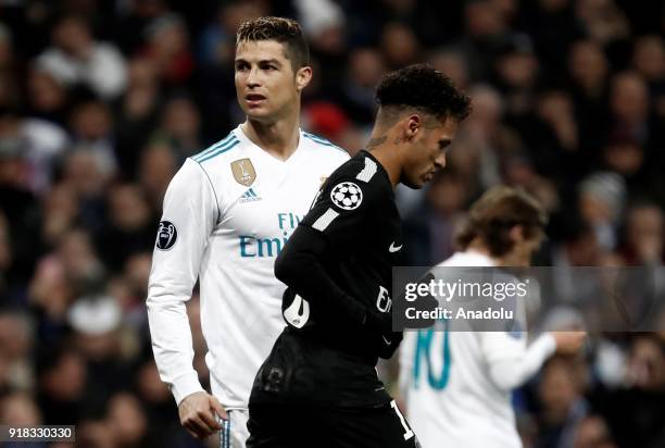 Cristiano Ronaldo of Real Madrid and Neymar Jr. Of Paris Saint-Germain are seen during the UEFA Champions League Round of 16 football match between...