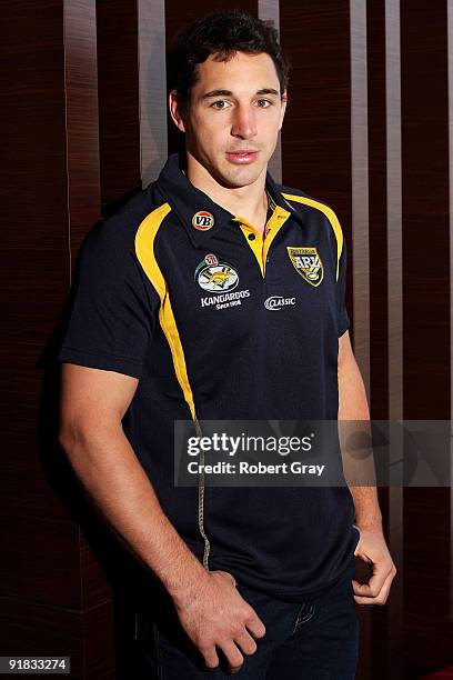 Billy Slater of the Kangaroos poses for a portrait during an Australian Kangaroos media session at Pullman Hotel on October 13, 2009 in Sydney,...