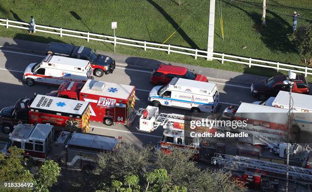 Fire Rescue personnel work the scene at the Marjory Stoneman Douglas High School after a shooting at the school that reportedly killed and injured...