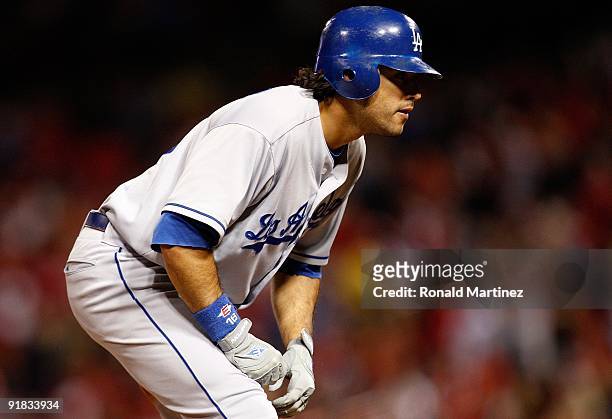 Andre Ethier of the Los Angeles Dodgers in Game Three of the NLDS during the 2009 MLB Playoffs at Busch Stadium on October 10, 2009 in St. Louis,...