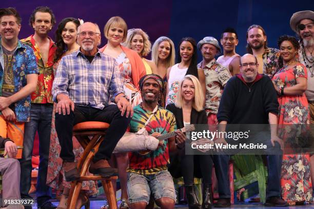 Jimmy Buffett, Kelly Devine and Christopher Ashley with cast during the Press Sneak Peak for the Jimmy Buffett Broadway Musical 'Escape to...