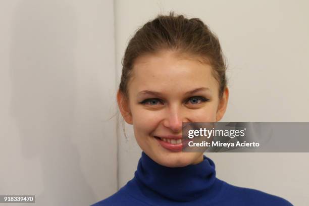 Model poses backstage for Irina Vitjaz during New York Fashion Week: The Shows at Gallery I at Spring Studios on February 14, 2018 in New York City.