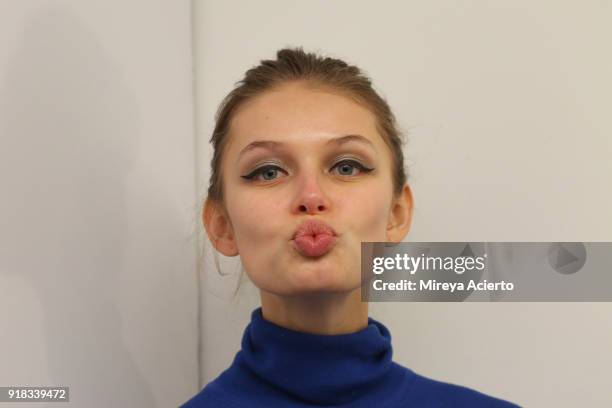 Model poses backstage for Irina Vitjaz during New York Fashion Week: The Shows at Gallery I at Spring Studios on February 14, 2018 in New York City.