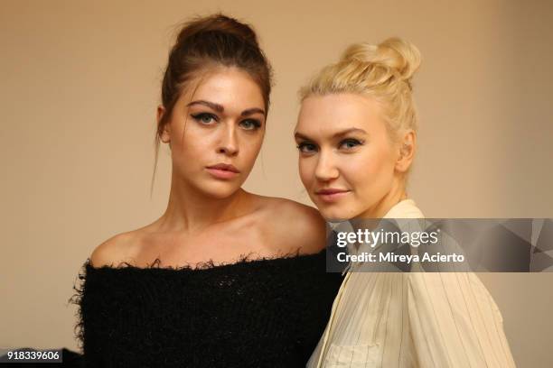 Models pose backstage for Irina Vitjaz during New York Fashion Week: The Shows at Gallery I at Spring Studios on February 14, 2018 in New York City.