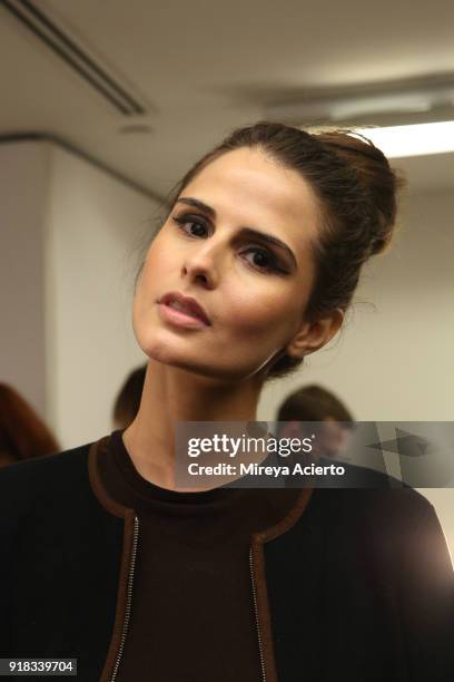 Sandrina Bencomo poses backstage for Irina Vitjaz during New York Fashion Week: The Shows at Gallery I at Spring Studios on February 14, 2018 in New...