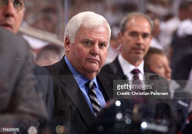 Head coach Ken Hitchcock of the Columbus Blue Jackets looks on during the NHL game against the Phoenix Coyotes at Jobing.com Arena on October 10,...