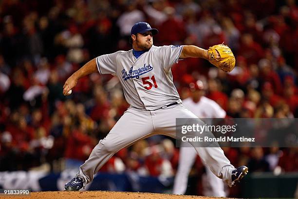 Pitcher Jonathan Broxton of the Los Angeles Dodgers in Game Three of the NLDS during the 2009 MLB Playoffs at Busch Stadium on October 10, 2009 in...