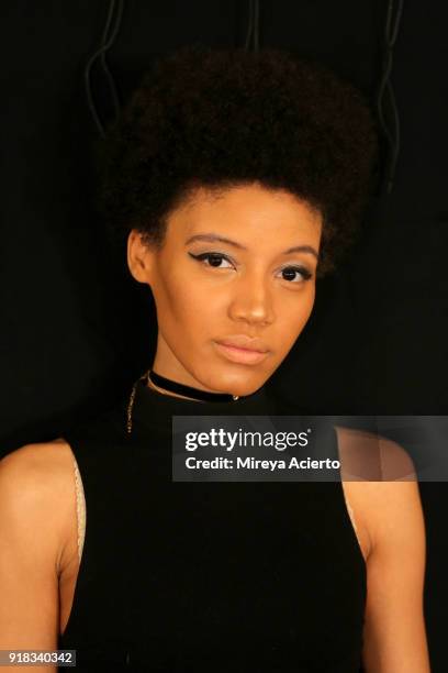 Model poses backstage for Irina Vitjaz during New York Fashion Week: The Shows at Gallery I at Spring Studios on February 14, 2018 in New York City.