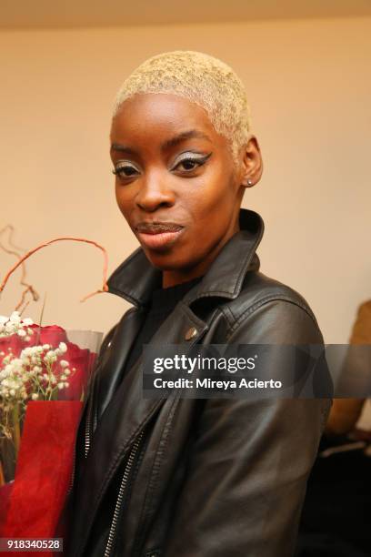 Model poses backstage for Irina Vitjaz during New York Fashion Week: The Shows at Gallery I at Spring Studios on February 14, 2018 in New York City.